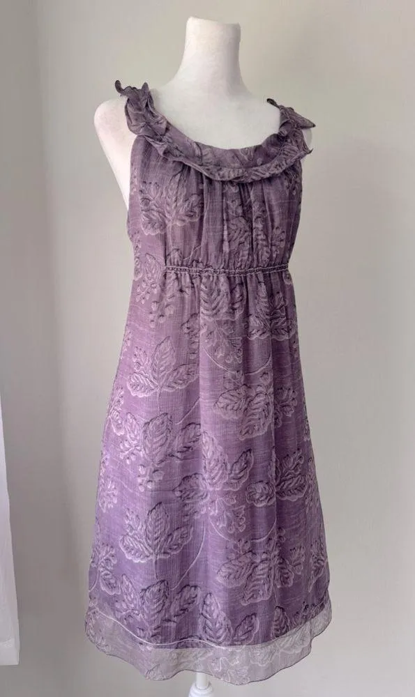 Vintage ‘90s Max Studio 100% Silk Purple Leaf Print Ruffled Sleeveless Dress - Image 2