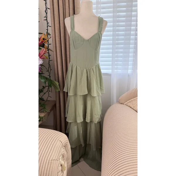 Lulus Carlynda Tiered Bustier Maxi Dress in Sage Brush - Image 4