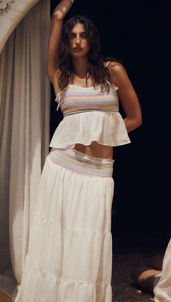 ZARA NWT  Strappy Elasticized Smocked Top Rainbow Ecru. Size Medium - Image 6
