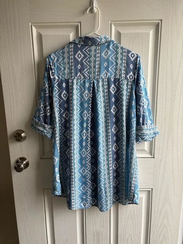 Biba Blue & White Geometric Blouse | Size 36/L - Image 2