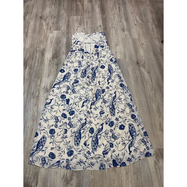Abercrombie & Fitch Blue White Peacock Toile Maxi Dress XL Lace Up Back Slit - Image 6