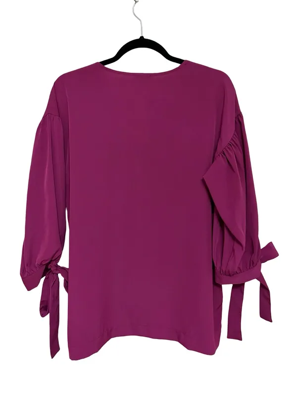 NEW Ann Taylor V-Neck Tie Sleeve Popover Blouse in Dark Pink - Size M - Image 2