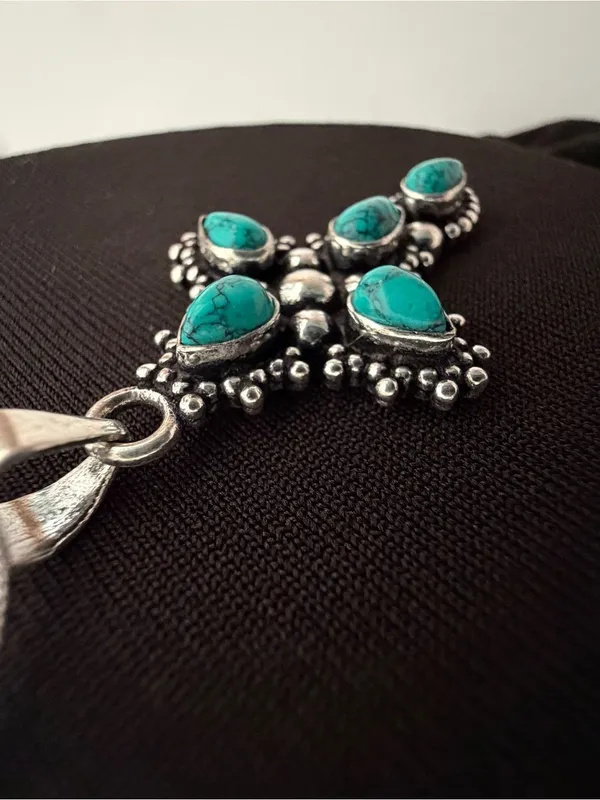 925 Sterling Silver Turquoise Cross Necklace Womens Jewelry Boho Western - Image 4