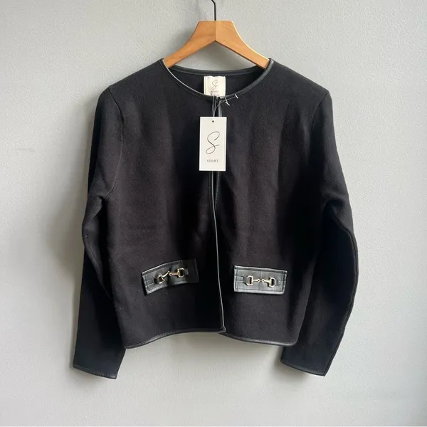Sioni Faux Leather Trim Blazer Jacket NWT Size Medium Black Gold Accents - Image 15