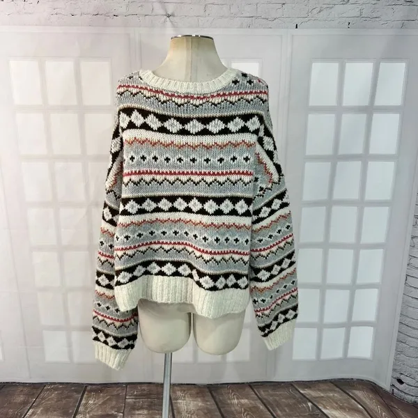 American Eagle Multicolor Knit Fair Isle V-Neck Button Up Cardigan Sweater Large - Image 5