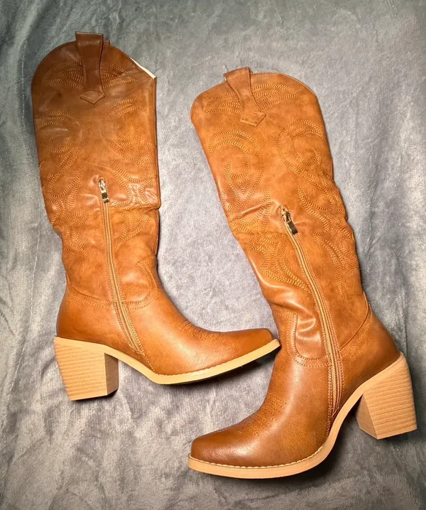 WETKISS Brown Embroidered Western Knee High Block Heel Boots Women Size 8 - Image 4