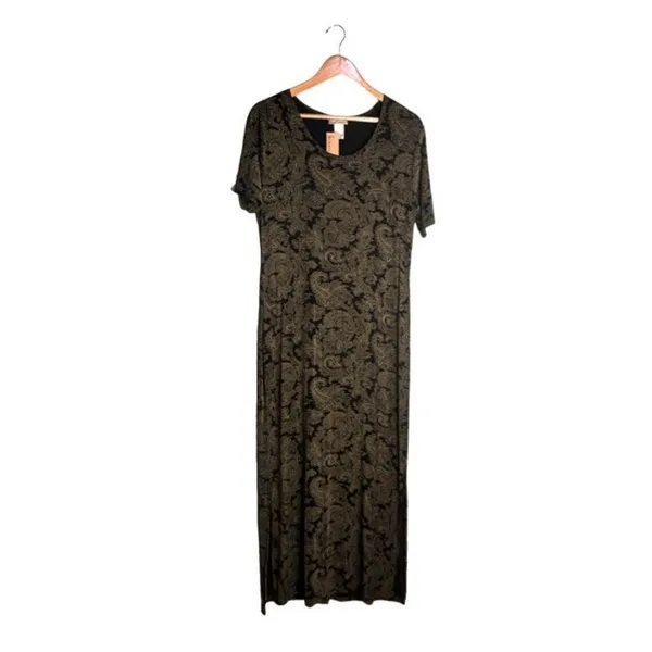Susan Lawrence Paisley Maxi Dress Size Large Vintage Black Gold Short Sleeve NWT - Image 6