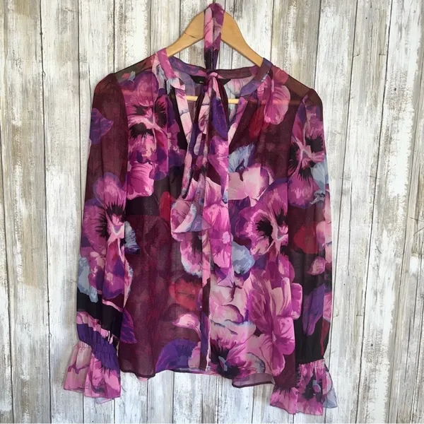 White House Black Market Purple Floral Tie Neck Blouse •Small - Image 2