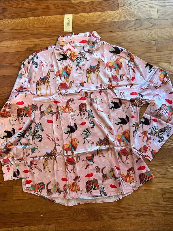 Ekouaer Pink Animal Print Satin Pajama Set XL - Image 2