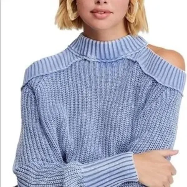 Free People Off Shoulder Cutout Pullover Chunky Knit Top Stretch Sweater, Size L - Image 5