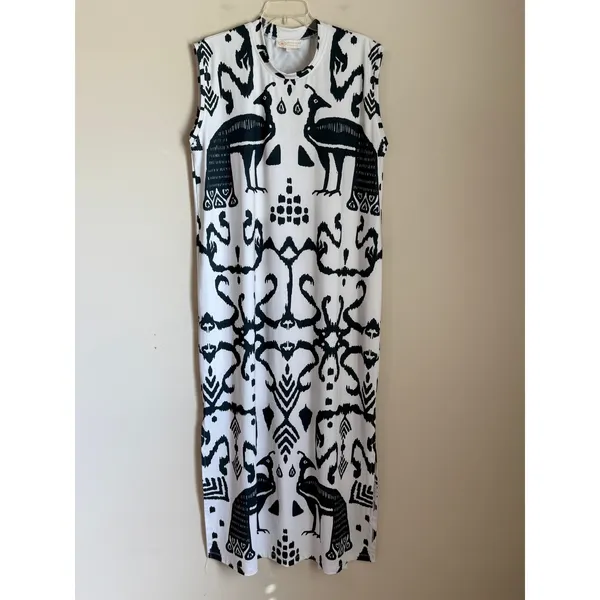 Sheridan French Callie Large Midi Dress Black White Peacock Print Resort Tribal - Image 2