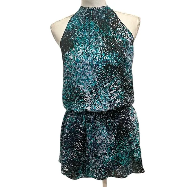 Ramy Brook Teal Printed‎ Paris Silk Mini Drop Waist Sleeveless Blouson Dress XS - Image 3