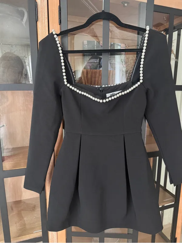 Odd Muse London Pearls Mini Dress Black square neck long sleeve - Image 7