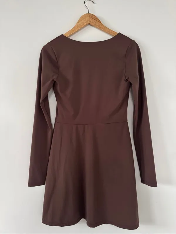 Qinsen Square Neck Long Sleeve Midi Dress in Chestnut NWOT - Image 3