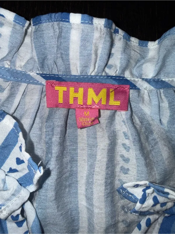 THML Thalia Blue & White Striped Tie-Neck Blouse Coastal Prep Boho Flair - Image 6