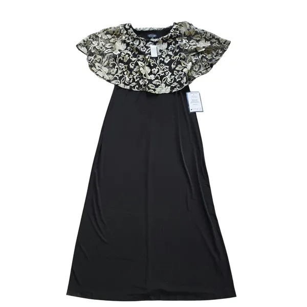 Connected Apparel NWT 39P Black‎ Champagne Floral Lace Capelet Maxi Dress 12 - Image 3