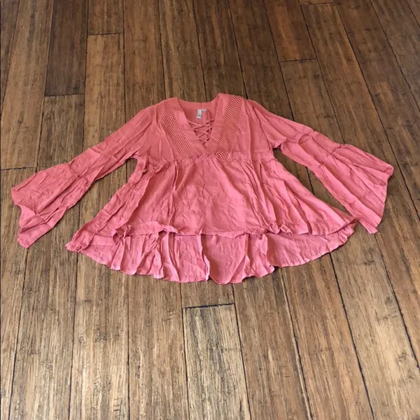 Coral Boho Crochet Lace Up V Neck Bell Sleeve Babydoll Hi Low Top Blouse Size S - Image 6