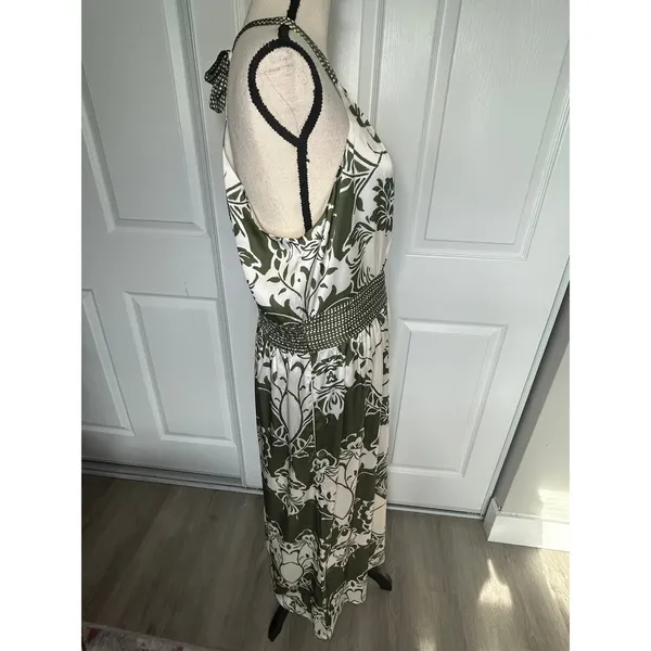 CIEBON Maxi Dress Halter Floral XL Green Cream Smocked Waist Pockets D5771-R2501 - Image 2