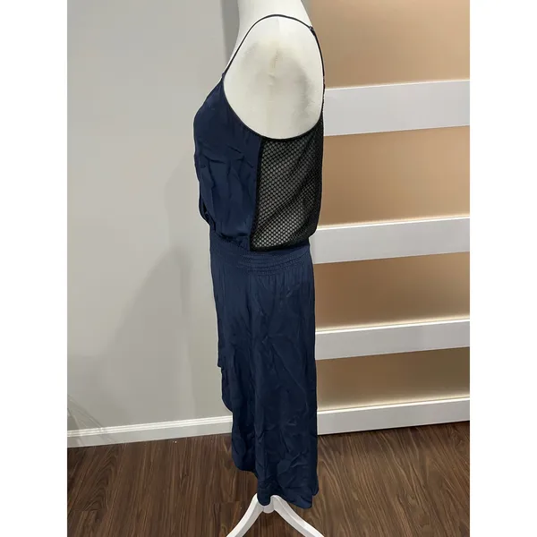 Parker Navy Blue‎ Silk Blend Mesh Back Smocked Waist hi low Midi Dress Size S - Image 4