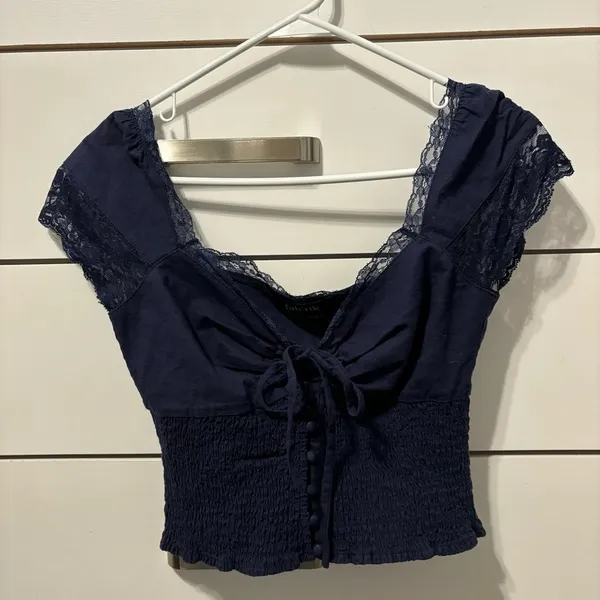 Fab Rik Navy Blue Lace Button Front Blouse - Image 2