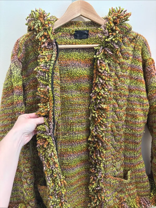 Native Knit Zip Cardigan 100% Wool Handmade Colorful Fringe Size Large - Image 4
