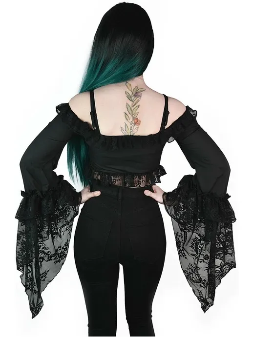 Black Off-Shoulder Lace Crop Top - Women - Image 7