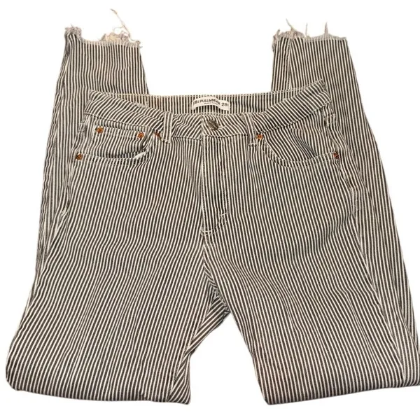 PULL&BEAR Striped Skinny Crop Jeans Sz 28 Gray White Raw Hem Stretch Cotton - Image 2
