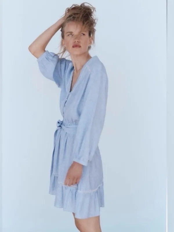 Zara Women's Size Large Mini Shirt Dress Blue White Stripes Crochet Belted Linen - Image 3