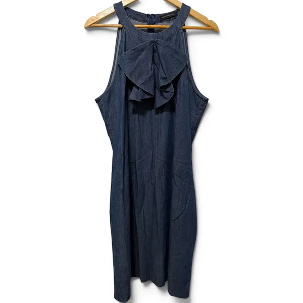 Banana Republic Blue Denim Halter Dress Ruffle Bow Shift Pockets Sleeveless - Image 2