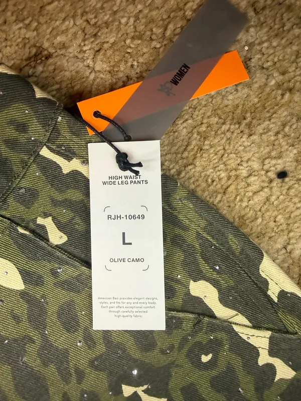 American Bazi Olive Camo Rhinestone Wide Leg Pants High Rise NWT Size L - Image 7