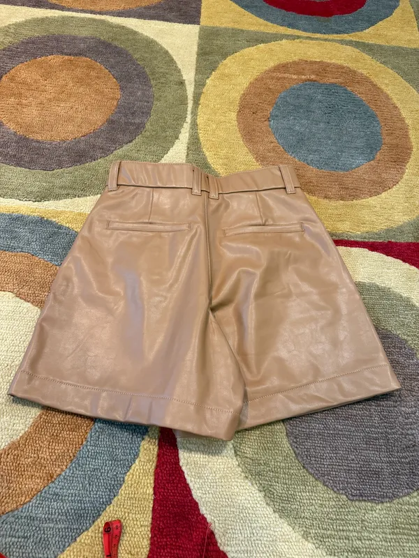 Abercrombie & Fitch Vegan Leather High Waisted Pleated Trouser Shorts Caramel S - Image 3