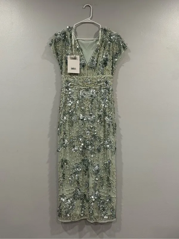 Mac Duggal 94150 Green Embellished Cap Sleeve Midi Dress sz 2 - Image 8