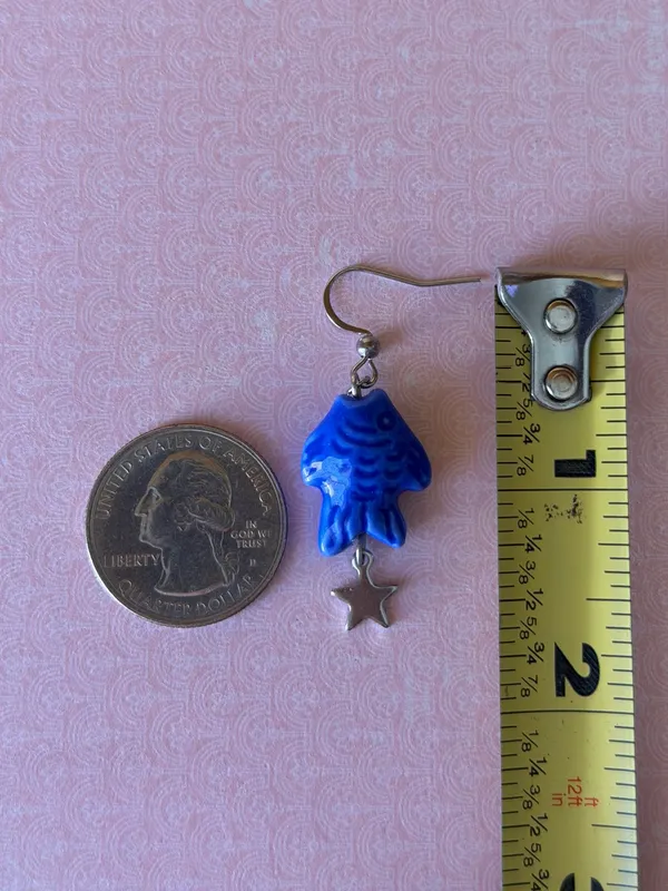 Handmade unique funky cute blue ceramic fish & star dangle earrings ⭐️🐟💕 - Image 5