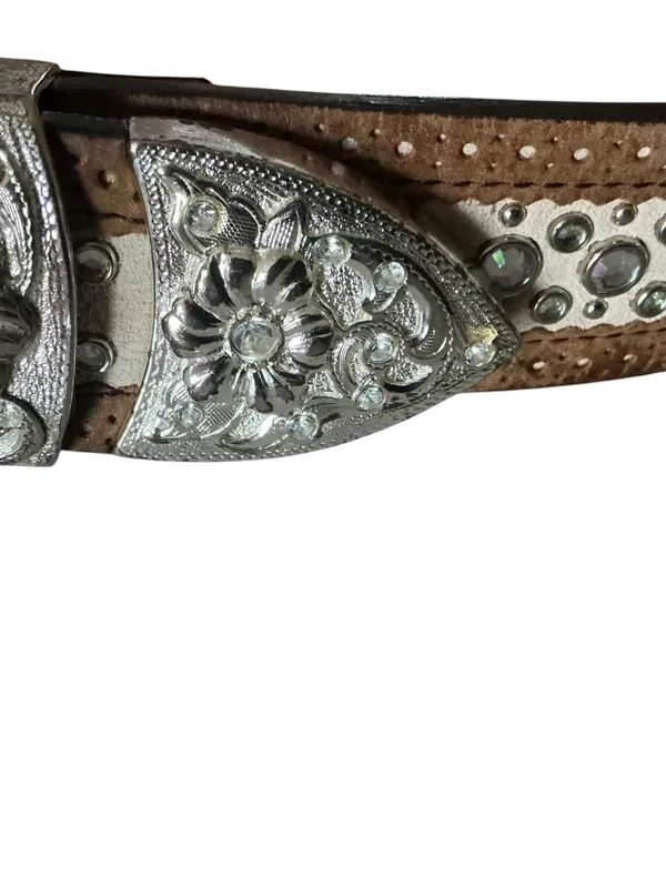 90s Vtg ARIAT belt brown embroidered leather silver floral buckle & rhinestones - Image 4