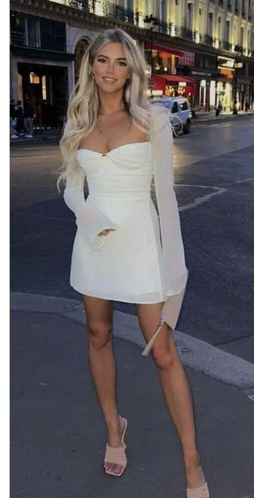 HOUSE OF CB Babydoll Halter Long Sleeve Minidress in Ivory Size X-Small - Image 2