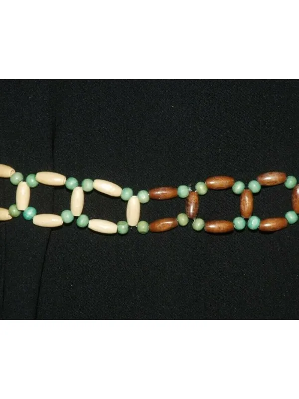 Boho Wood Beaded Tie Belt Green Brown Cream Adjustable Hippie Festival - Image 5