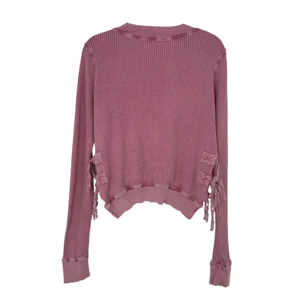 Free People FP One Interlaken Thermal Top Pink Cropped Lace-Up Sides Boho L - Image 4