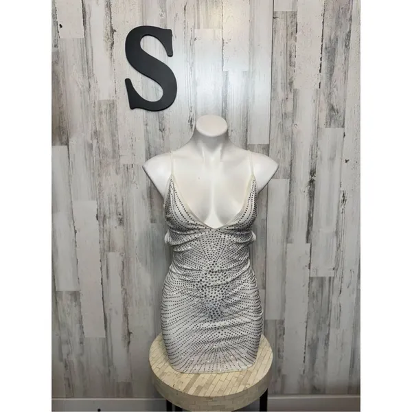 AKIRA White Rhinestone Studded Mini Dress Womens Size Small S Lace Up Open Back - Image 3
