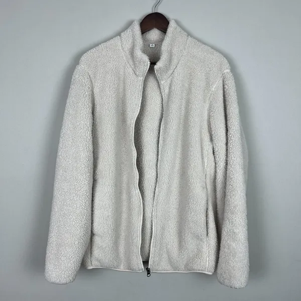 Uniqlo Fleece Sherpa Jacket Womens Medium Cream High Neck Full Zip‎ Front Cozy M - Image 9