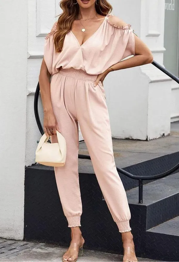 NEW Jumpsuit 1 Pc Cold Shoulder Pink XL - Image 2