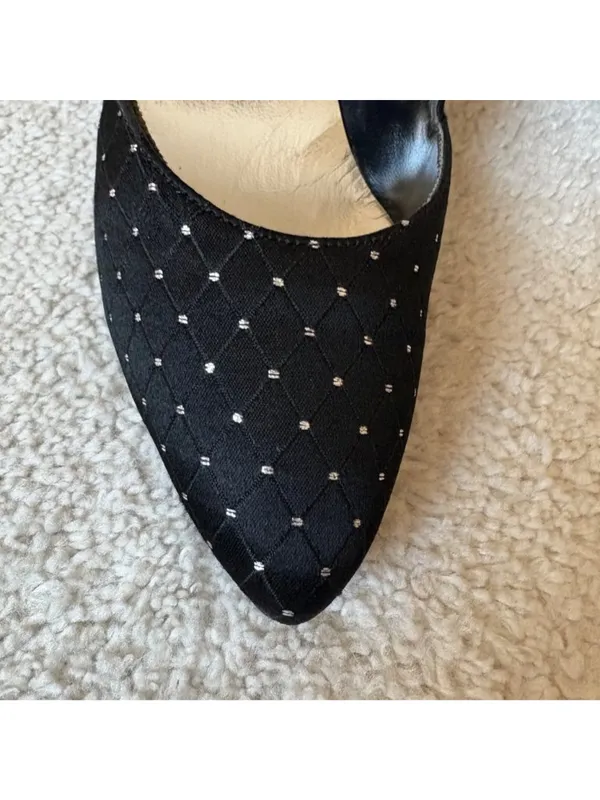 Vintage Black Satin Pumps Pointed Toe Rhinestone Heels w/ Box Sz 7 - Image 3