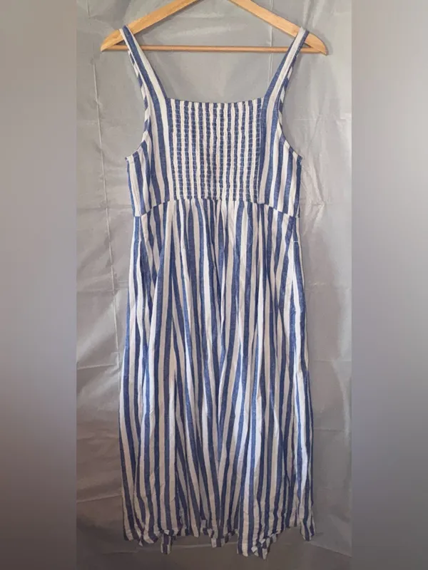 Old Navy Striped Maxi Dress‎ Med Blue White Linen Cottagecore Picnic Dorothy - Image 2