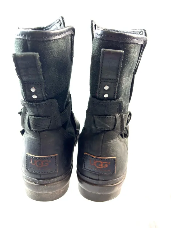 UGG 8 Moto Biker Black Genuine Leather Mid-Calf Combat Boots with Buckle Straps - Image 2