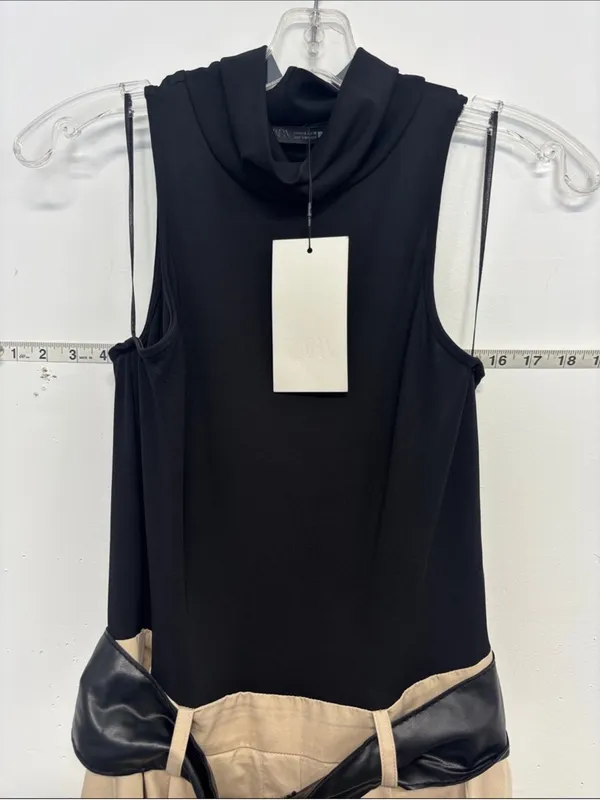 Zara Black & Cream Sleeveless Maxi Dress with Gloss Belt - Image 2