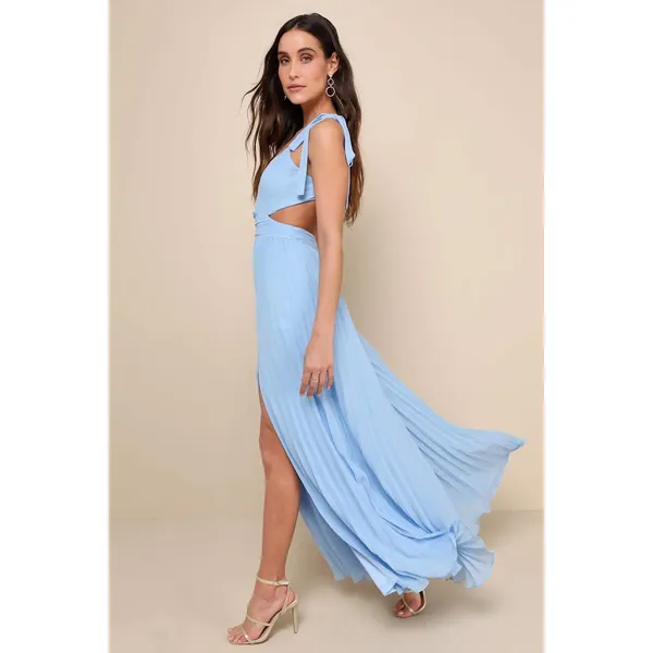 NWT Lulus Celebratory Allure Powder Blue Pleated Backless Maxi Dress Wedding L - Image 4