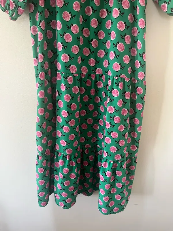 Rose Print Green Midi Dress Medium Novelty Print Statement Piece Cottagecore - Image 4