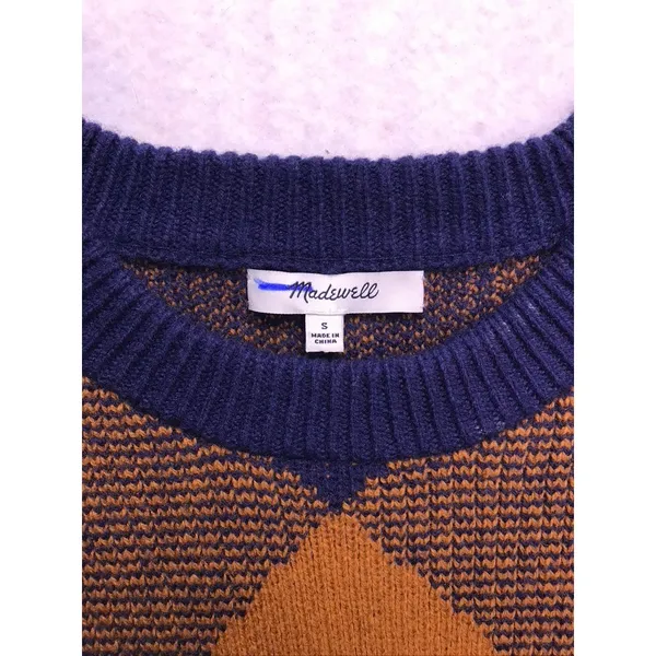 Madewell Sweater Womens Small Blue Brown Excellent Argyle Crewneck Knit Pullover - Image 2