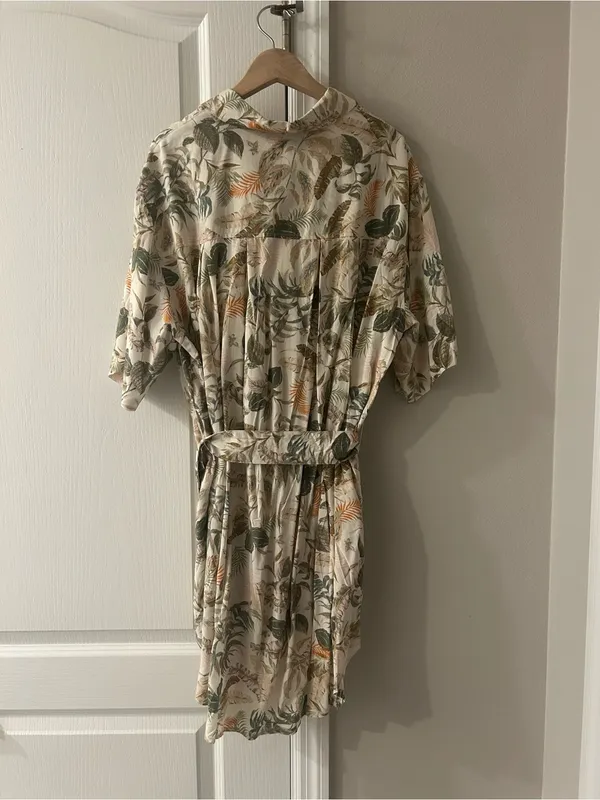 Olivaceous Cream Tropical Print Shirt Dress with Green and Tan Leaves - Image 3