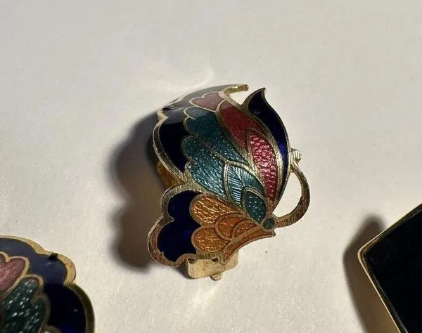 Lot Of 3 Gold Tone Clip On Earrings 2 With Colored Enamel 1 Cloisonné Style - Image 2
