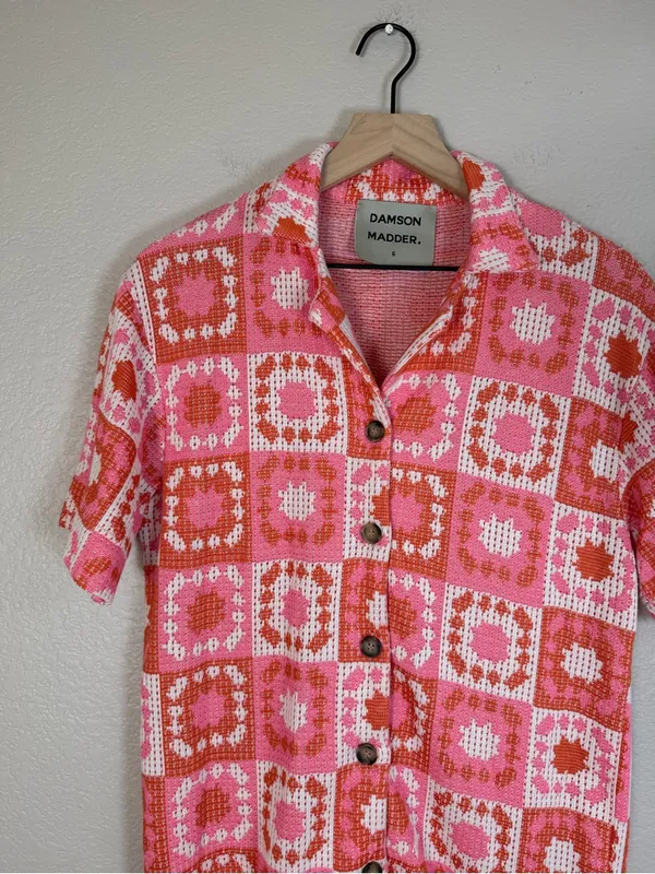 Damson Madder Bessie Wave Crochet Short Sleeve Co-ord Shirt Pink Orange 6 $136 - Image 7